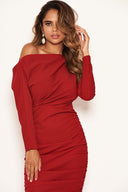 Red Off Shoulder Ruched Dress