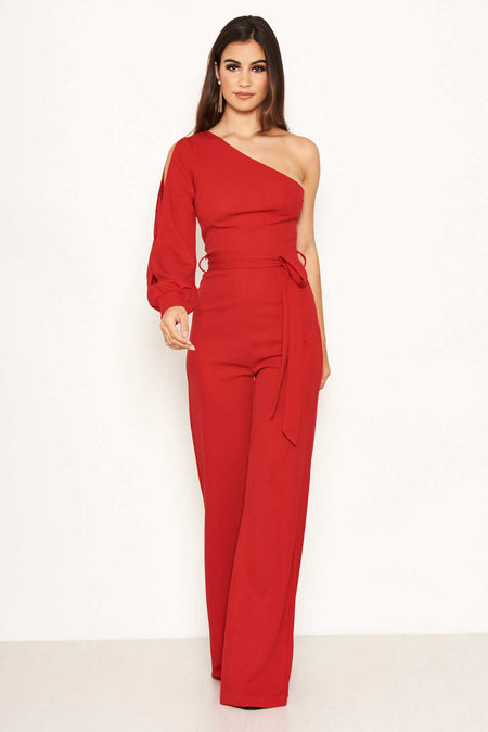 Red One Shoulder Split Sleeve Jumpsuit