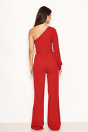 Red One Shoulder Split Sleeve Jumpsuit