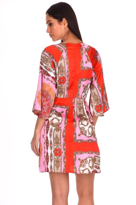Red Patterned Silk Tie Front Shift Dress