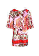 Red Patterned Silk Tie Front Shift Dress