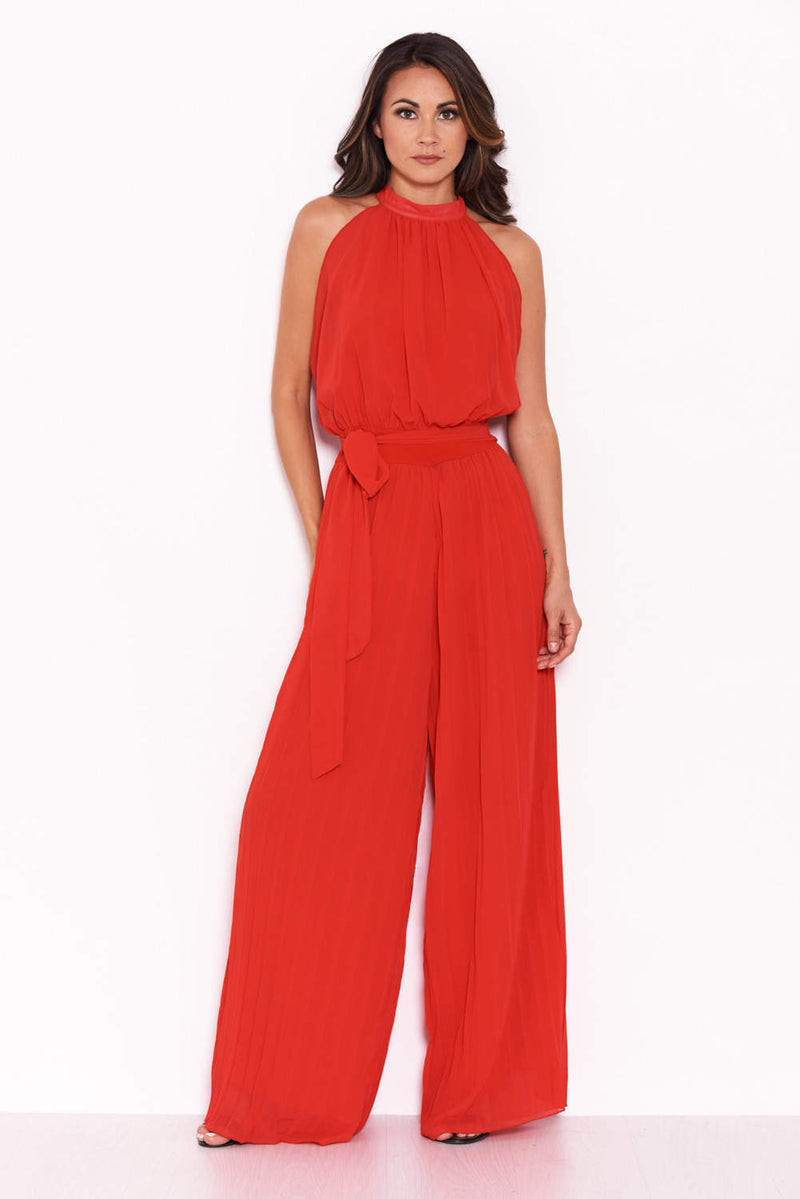 Red high deals neck jumpsuit