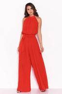 Red Pleated Choker Neck Jumpsuit