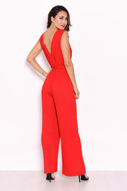 Red Pleated Tie-Waist Jumpsuit