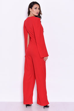 Red Plunge Wide Leg Jumpsuit
