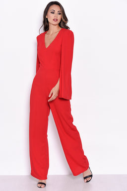 Red Plunge Wide Leg Jumpsuit
