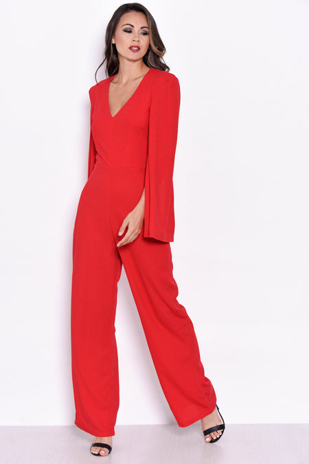 Red Plunge Wide Leg Jumpsuit