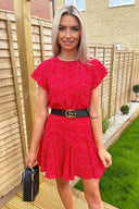 Red Polka Dot Frill Sleeve Skater Dress