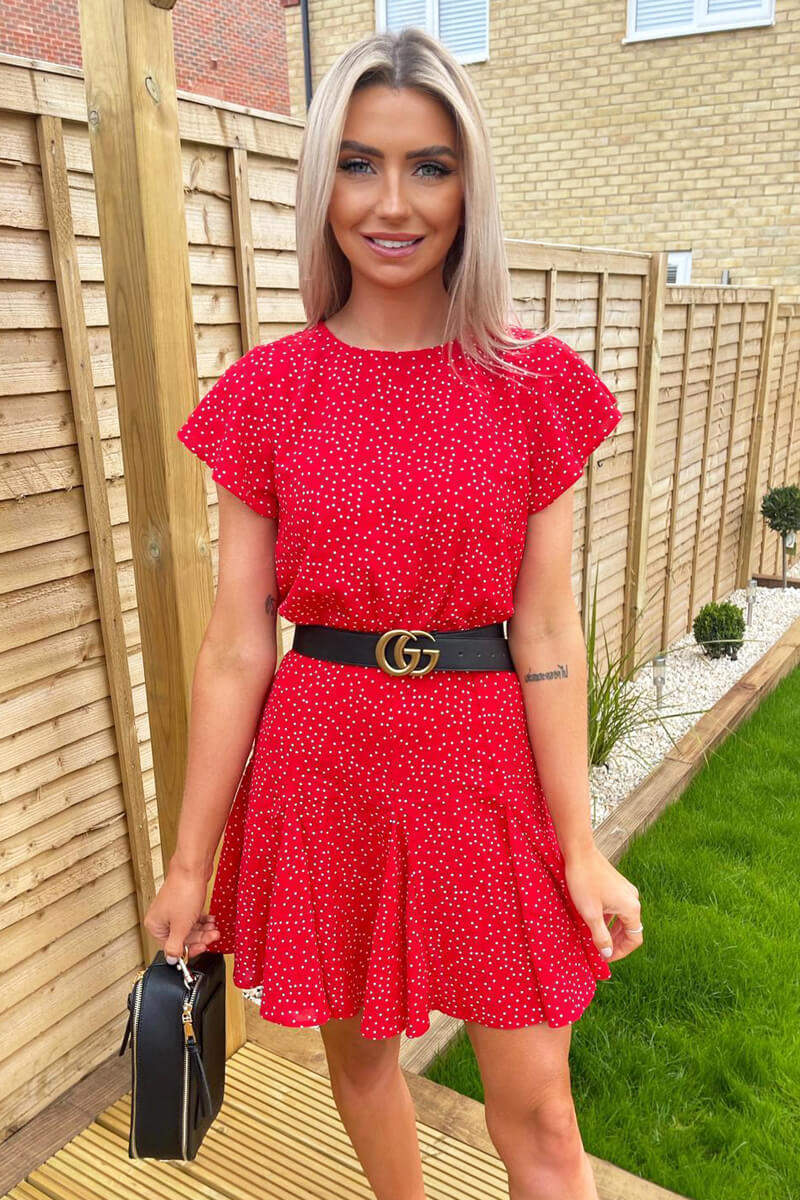 Red Polka Dot Frill Sleeve Skater Dress