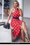 Red Polka Dot High Neck Wrap Dress