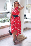 Red Polka Dot High Neck Wrap Dress