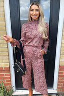 Red Printed Long Sleeve Culotte Jumpsuit