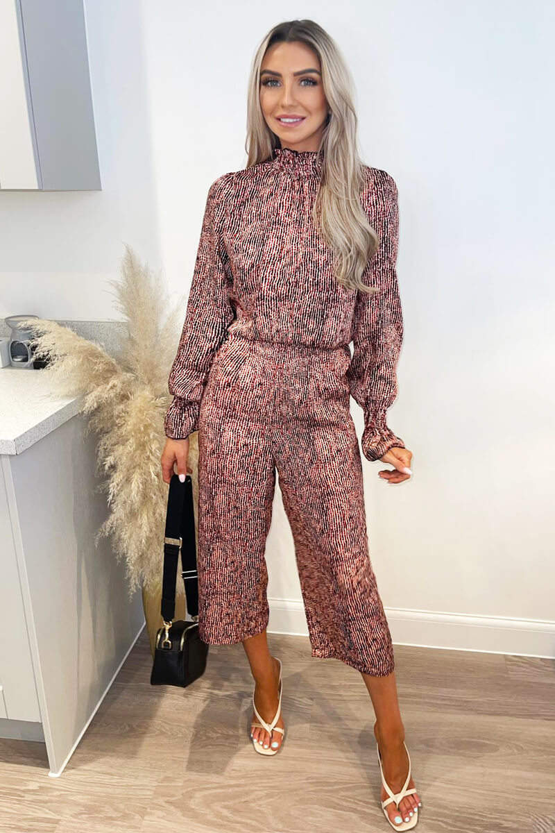 Red Printed Long Sleeve Culotte Jumpsuit