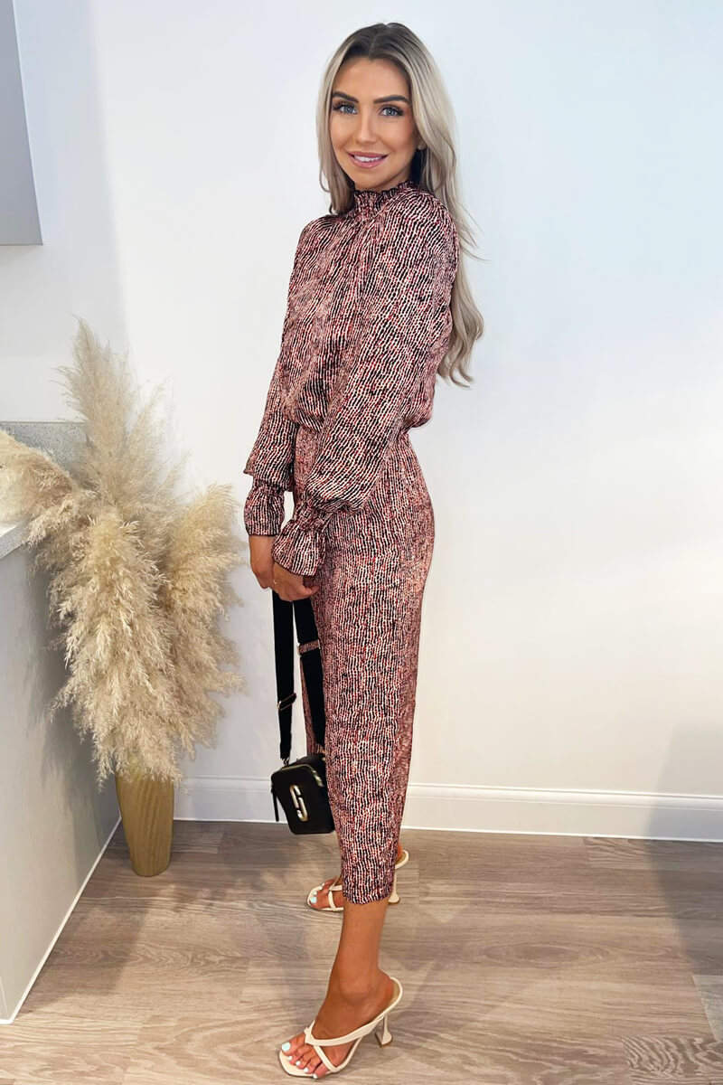 Red Printed Long Sleeve Culotte Jumpsuit