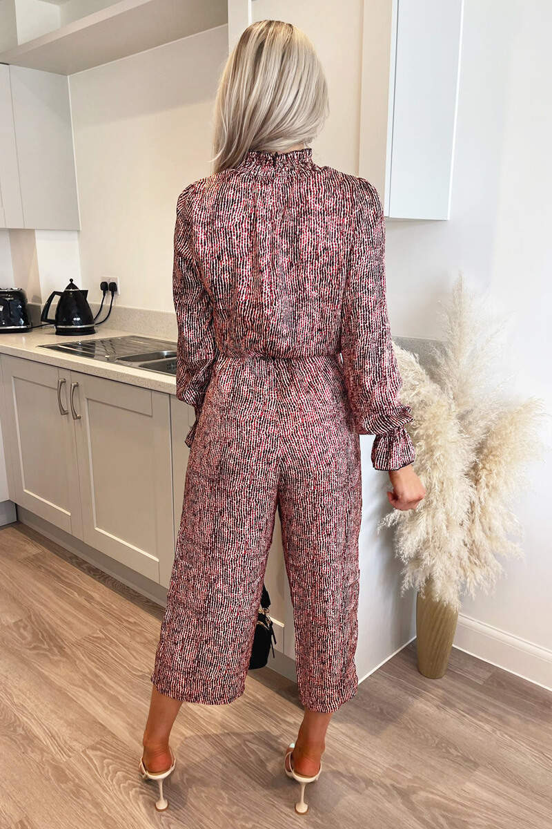 Red Printed Long Sleeve Culotte Jumpsuit