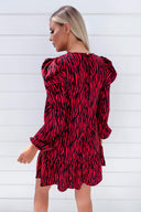 Red Printed Puff Sleeve Frill Shift Dress