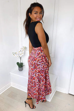 Red Printed Skirt 2 in 1 Midi Dress
