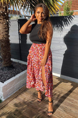 Red Printed Skirt 2 in 1 Midi Dress