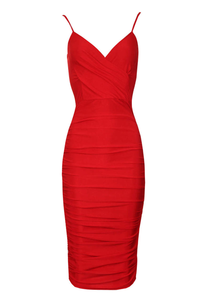 Red Ruched Midi Dress