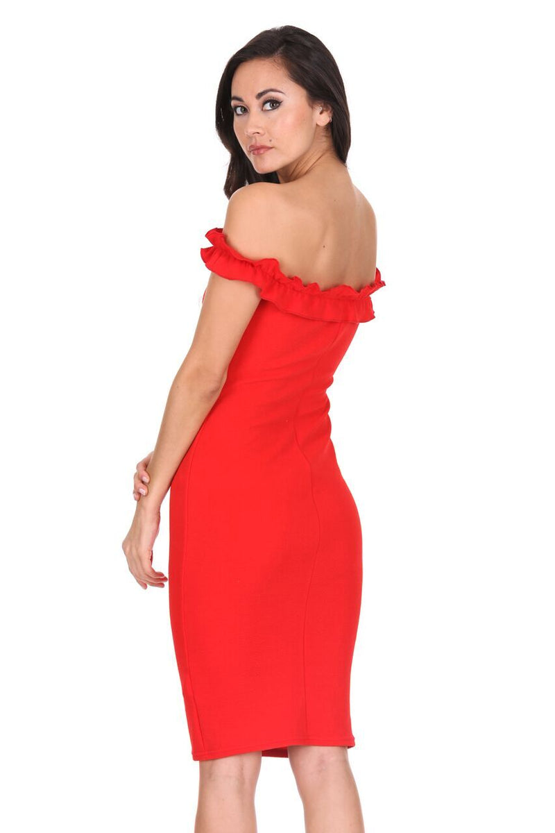 Red Ruffle Bardot Midi Dress