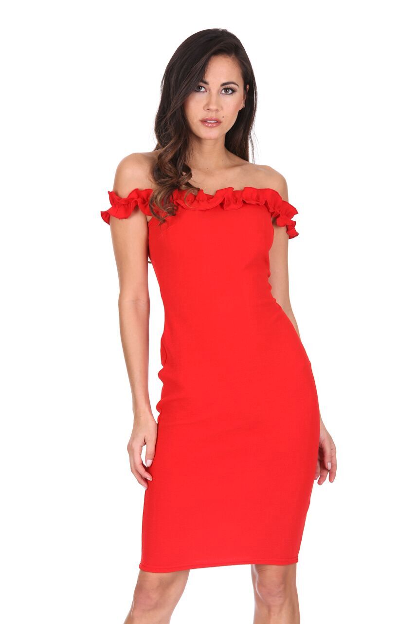 red bardot frill hem midi dress Red Ruffle Bardot Midi Dress – AX Paris