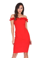 Red Ruffle Bardot Midi Dress