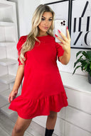Red Ruffle Sleeve Shift Dress