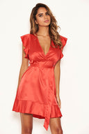 Red Satin Wrap Over Open Back Dress