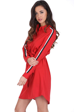 Red Shirt Dress With Stripe Detail And Tie Waist