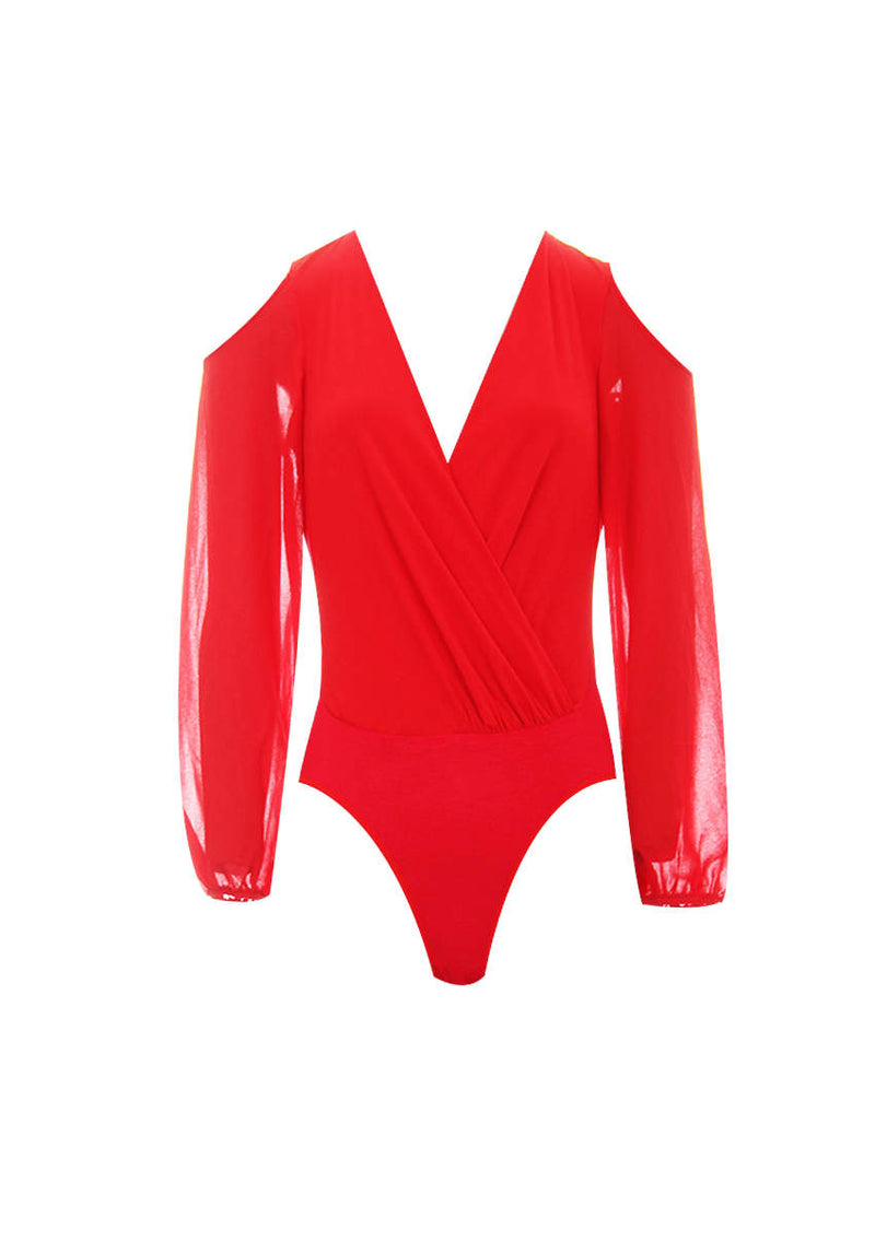 Red Sleeved Plunge Bodysuit