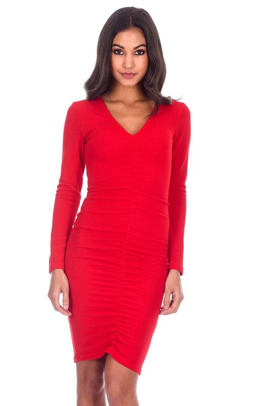 Red Sleeved Ruched Dress