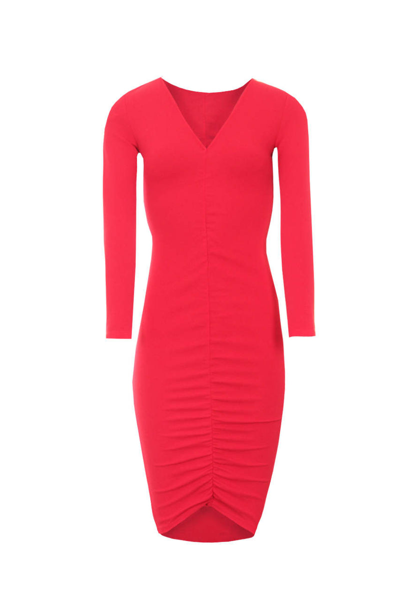 Red Sleeved Ruched Dress