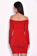 Red Slinky Off The Shoulder Wrap Dress