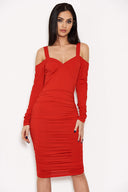 Red Slinky Ruched Cold Shoulder Dress