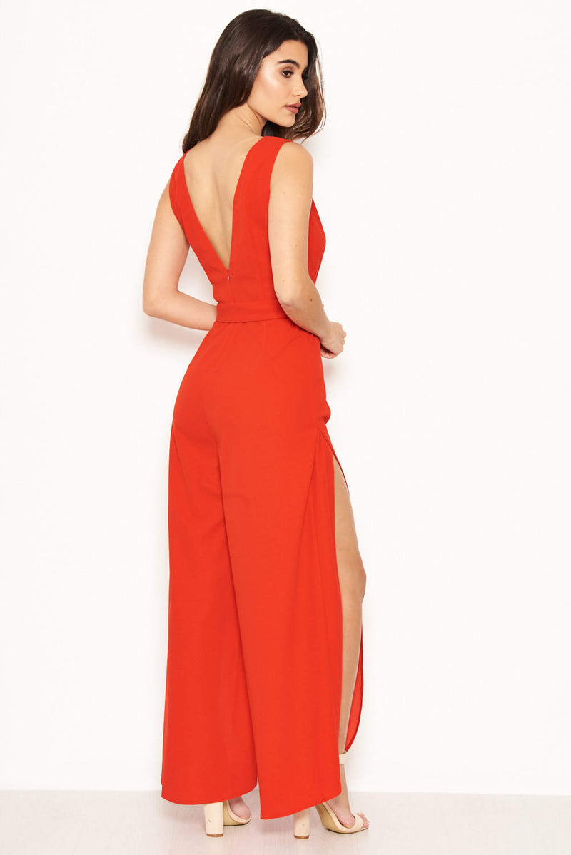 Red Split Leg Jumpsuit