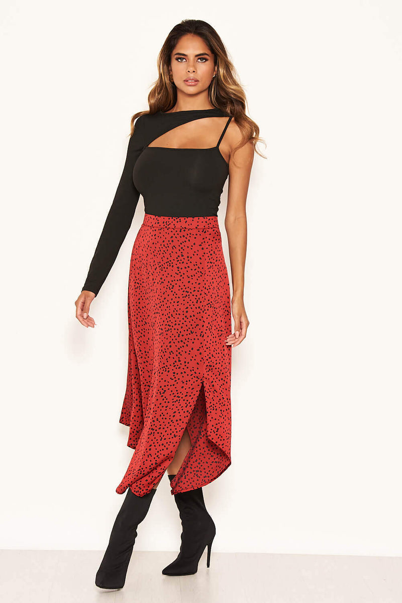 Red Spotty Asymmetric Midi Skirt