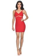 Red Strappy Mesh Insert Bodycon Dress