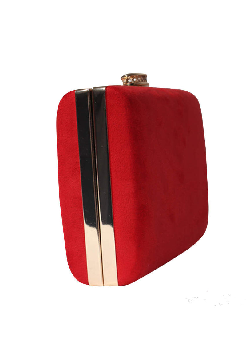 Red Suede Box Clutch With Jewel Clasp