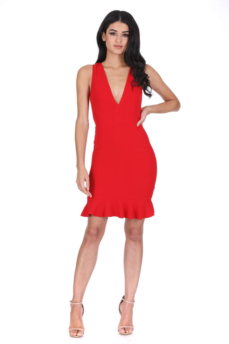 Red V Neck Fishtail Mini Dress