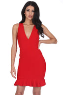 Red V Neck Fishtail Mini Dress