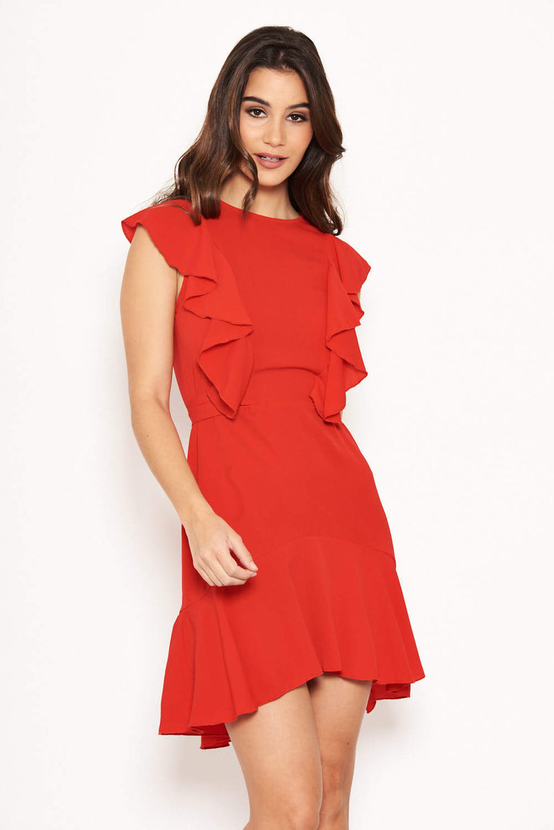 Red Wrap Frill Detail Dress