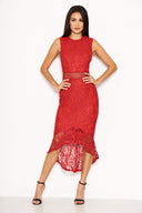 Red Fishtail Hem Lace Midi Dress