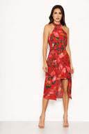 Red Floral Wrap Skirt Cut In Neck Dress