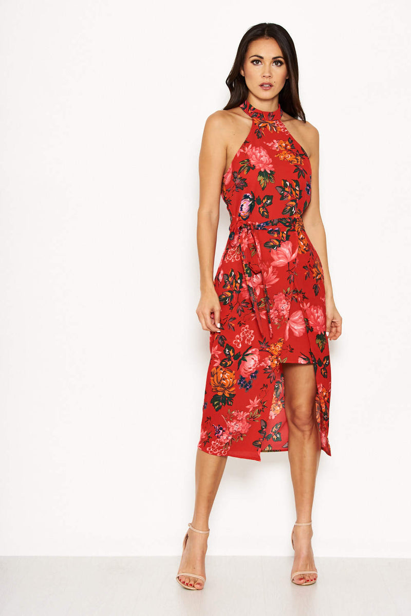 Red Floral Wrap Skirt Cut In Neck Dress