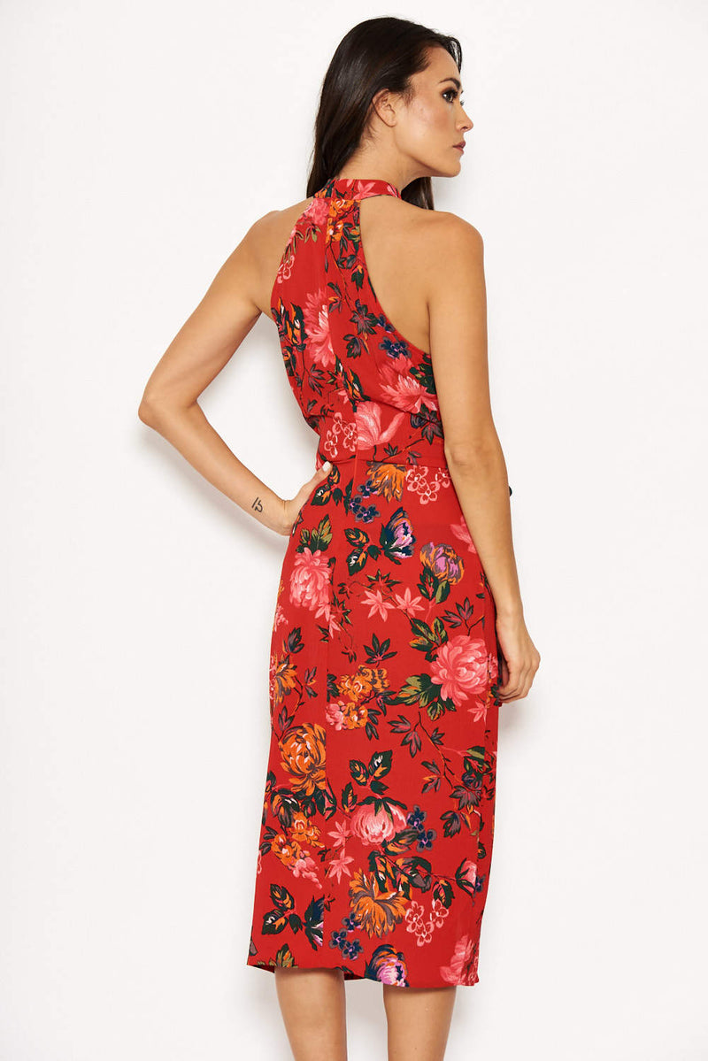 Red Floral Wrap Skirt Cut In Neck Dress