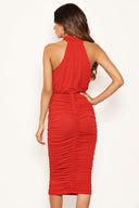 Red High Neck Ruched Bodycon Midi Dress