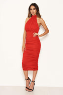 Red High Neck Ruched Bodycon Midi Dress