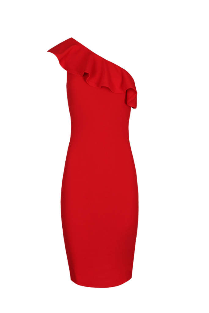 Red Asymmetric Frill Midi Dress