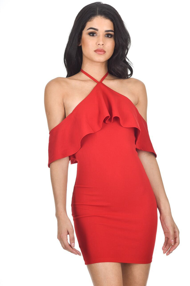 Bodycon Red Dress Frill Moonlit Night Ruffle Strap Cut-Out Back Dress Red L Bodycon Red Dress Frill Moonlit Night Ruffle Strap Cut-Out Back Dress Red L