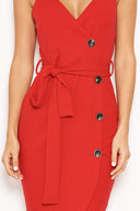 Red Button Front Detail Tie Dress